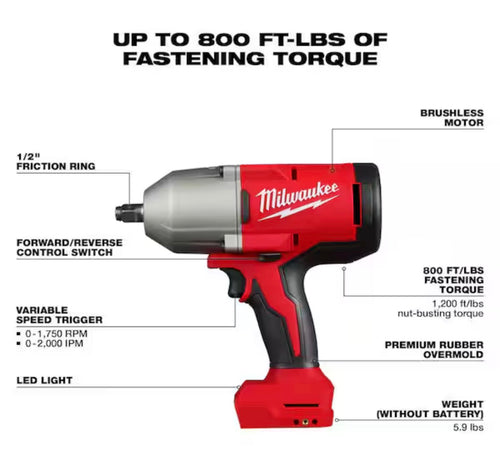 M18 18-Volt Lithium-Ion Brushless 1/2 in. High Torque Impact Wrench with Friction Ring (Tool-Only)